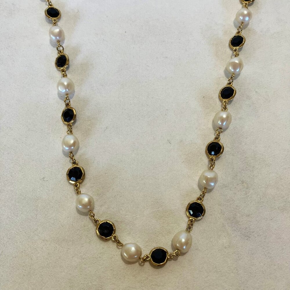 Black White Necklace Gold Tone Metal Faux Pearl Bead Faceted Crystal Bezel Links